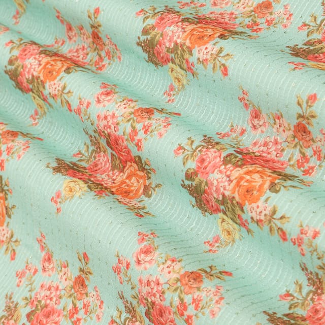 Sky Blue Linen Floral Print Sequin Embroidery Fabric