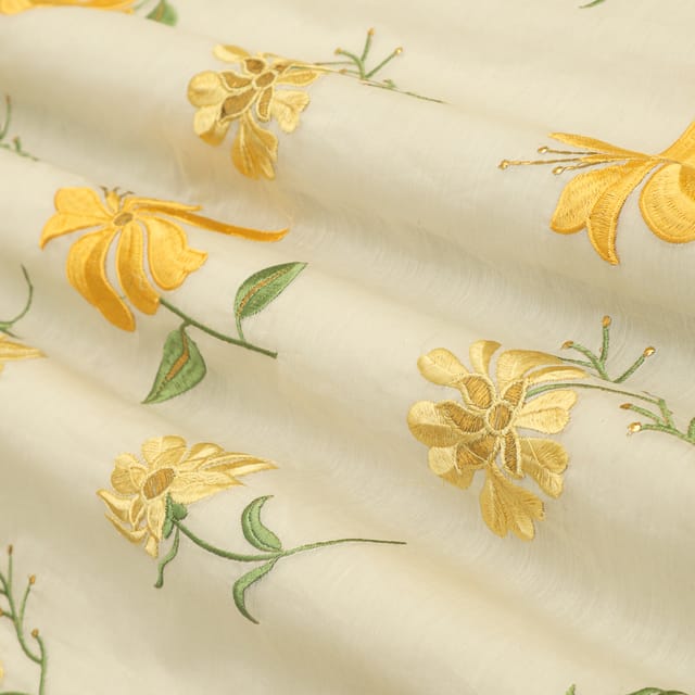 Chiffon White Cotton Chanderi Yellow Floral Embroidery Fabric