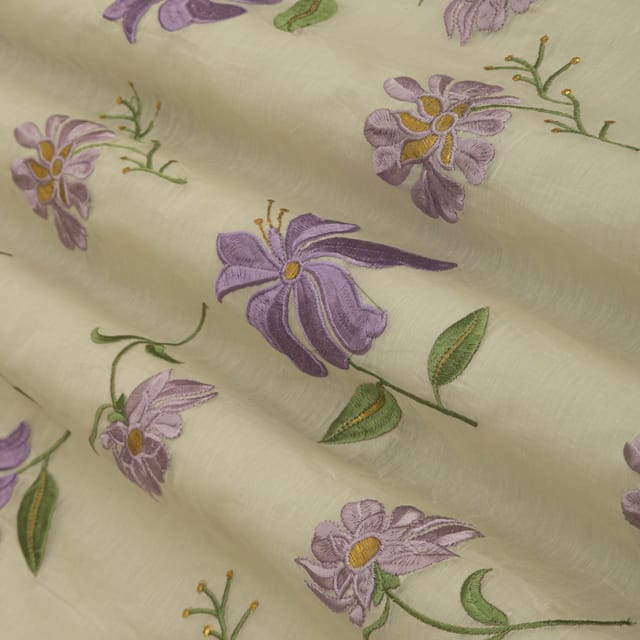 Pure White Cotton Chanderi Lilac Floral Threadwork Embroidery Fabric