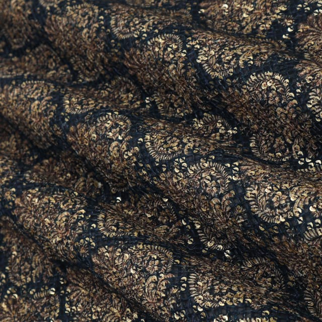 Navy Blue Georgette Position Ikat Print Sequins Embroidery Fabric