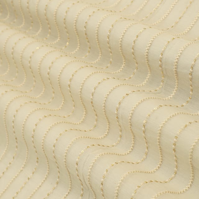 Parchment White Chanderi Stripe Threadwork Sequin Embroidery Fabric