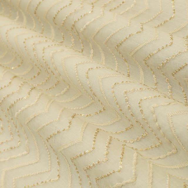 Bone White Chanderi Zigzak Stripe Threadwork Sequin Embroidery Fabric