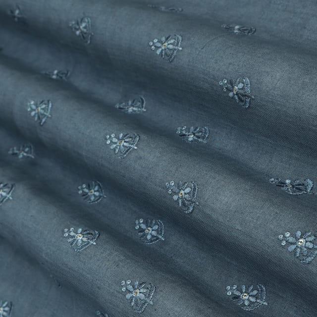 Azure Blue Linen Booti Threadwork Sequin Embroidery Fabric