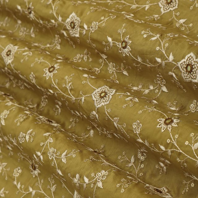 Olive Green Cotton Silk Threadwork Floral Mirror Sequin Embroidery Fabric