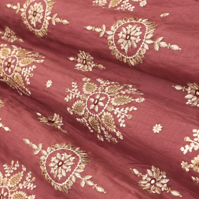 Dark Magenta Cotton Silk Threadwork Floral Mirror Sequin Embroidery Fabric