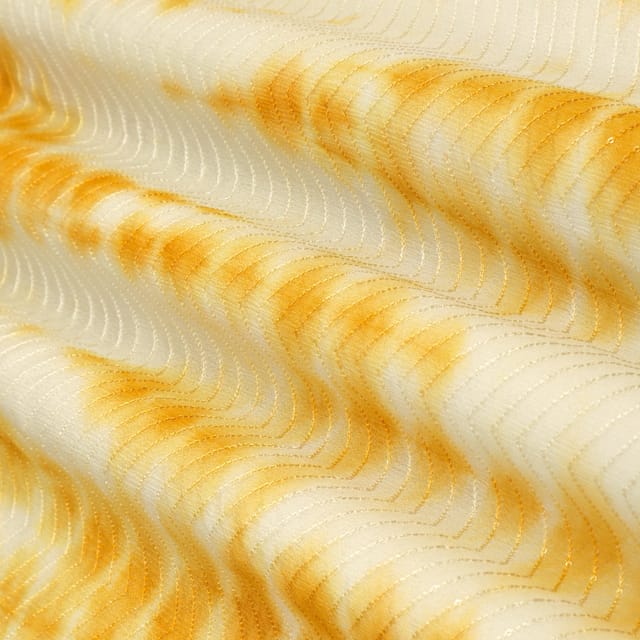 Mustard & White Chinon Shibhori Tie Die Pattern Print Sequenece Embroidery Fabric