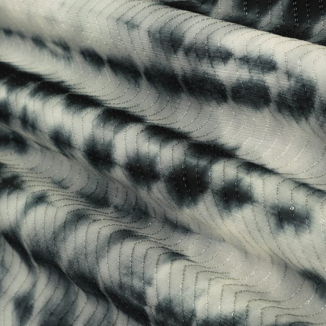 Midnight Black & White Chinon Shibhori Tie Die Pattern Print Sequenece Embroidery Fabric
