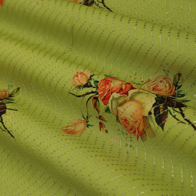 Green Silk Chinon Floral Print Embroidery Fabric