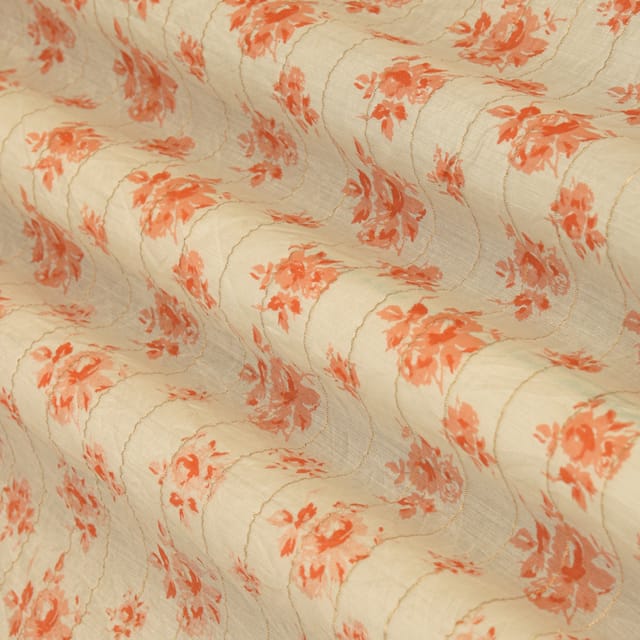 Frost White Chanderi Lurex Red Floral print Fabric