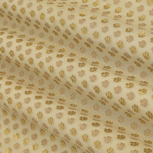 Bone White Chanderi Floral Golden Zari Brocade Fabric