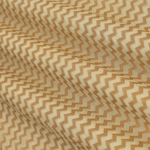 Magnolia White Chanderi Dim Golden Zari Zigzag Stripe Pattern Brocade Fabric