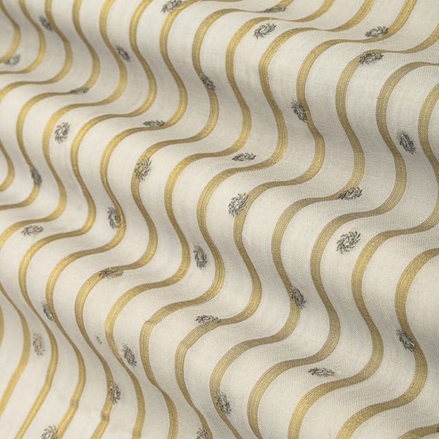 Peal white with Gold Zari Stripe Embroidery Linen Fabric