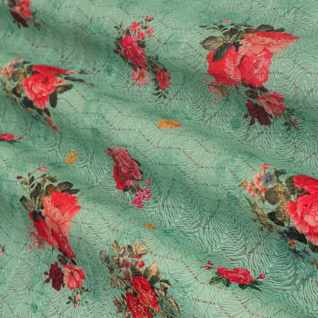 Light Green Kota Floral Print Threadwork Embroidery Fabric