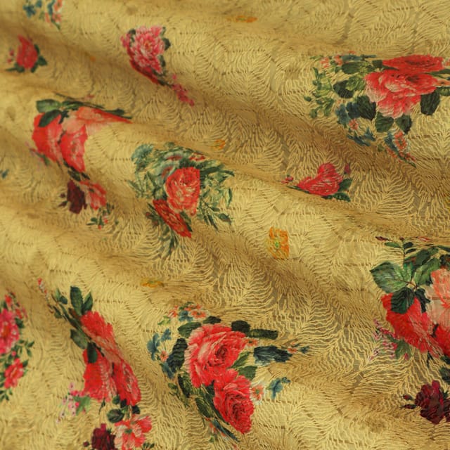 Pale Yellow Kota Floral Print Threadwork Embroidery Fabric