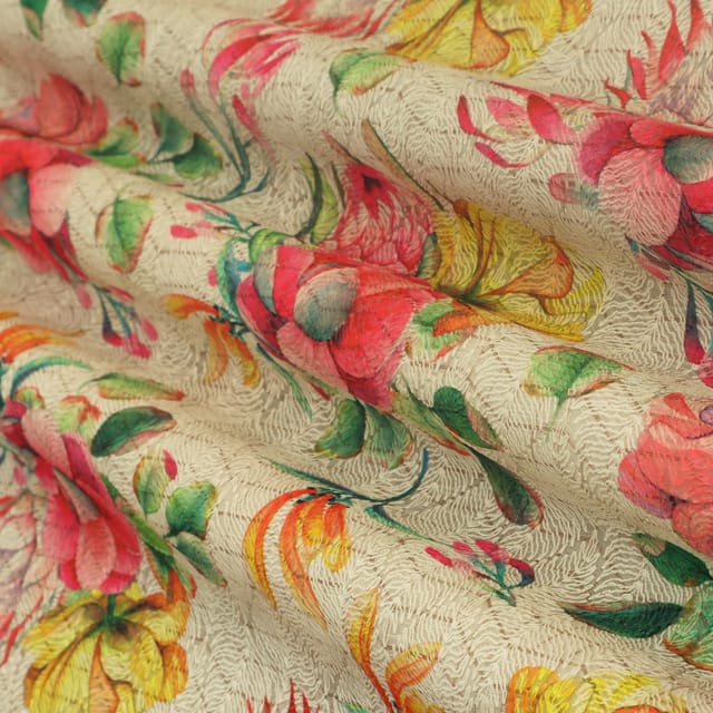 Snow White Kota Floral Print Threadwork Embroidery Fabric