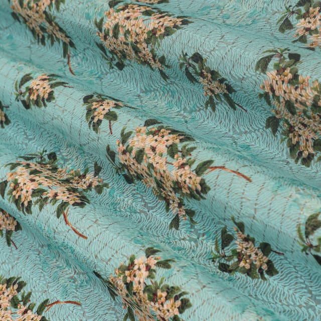 Aqua Blue Kota Floral Print Threadwork Embroidery Fabric