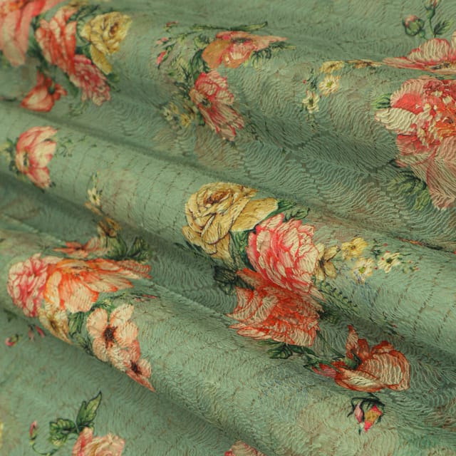 Green Base Kota Floral Print Threadwork Embroidery Fabric