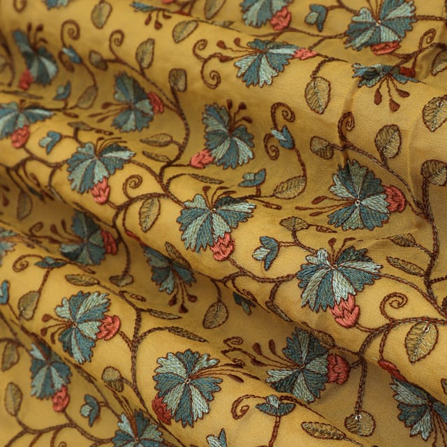 Dijon Yelllow Georgette Floral Threadwork Embroidery Fabric