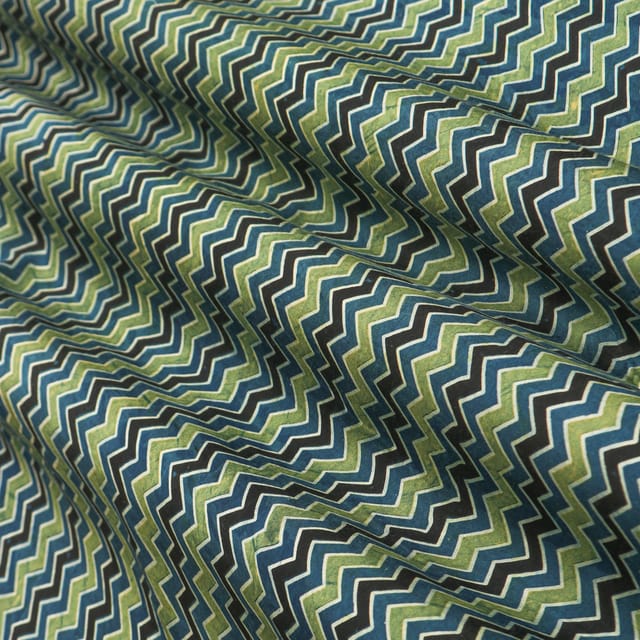 Stone Blue Zig-Zag Print Satin Silk Fabric