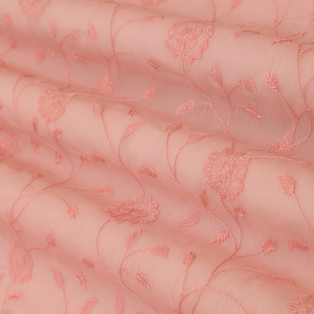 Baby Pink Organza Threadwork Floral Embroidery Fabric