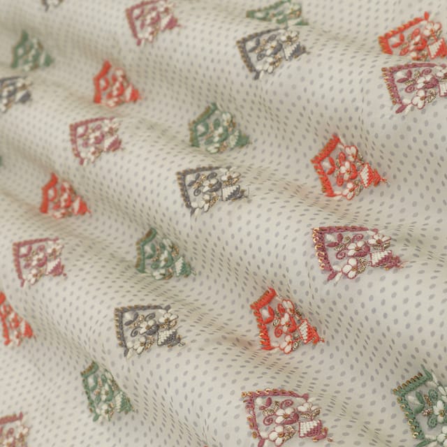 Pearl River Gray Organza Polka Dot Digital Print Motif Sequins Embroidery Fabric