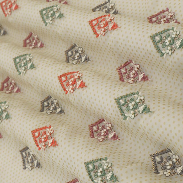 Snow White Organza Yellow Polka Dot Digital Print Motif Sequins Embroidery Fabric