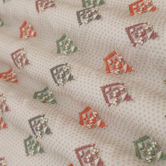 Pearl White Organza Purple Polka Dot Digital Print Motif Sequins Embroidery Fabric