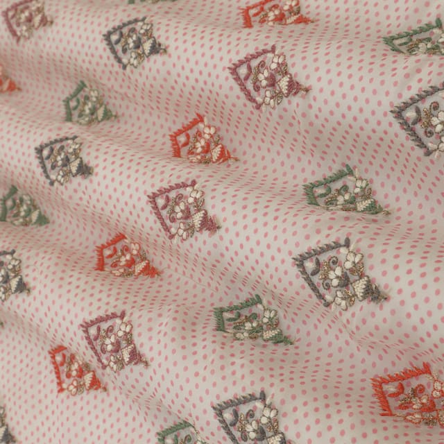 White Organza Pink Polka Dot Digital Print Motif Sequins Embroidery Fabric