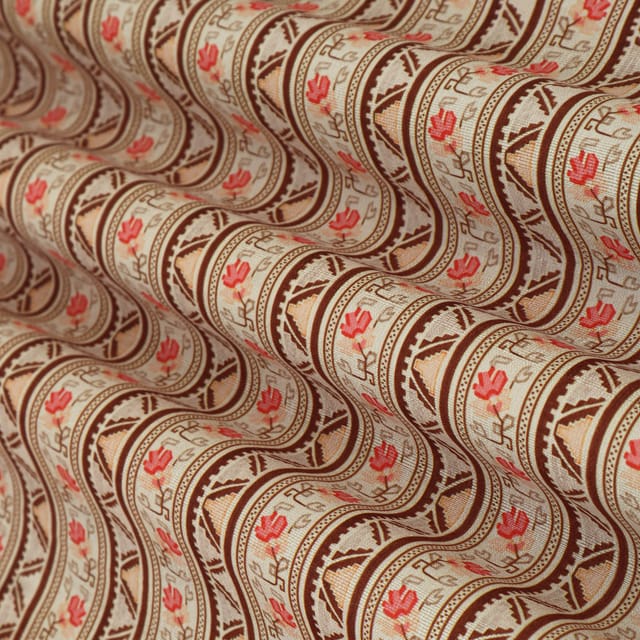 Sand Brown Dupion Stripe Floral Print Fabric