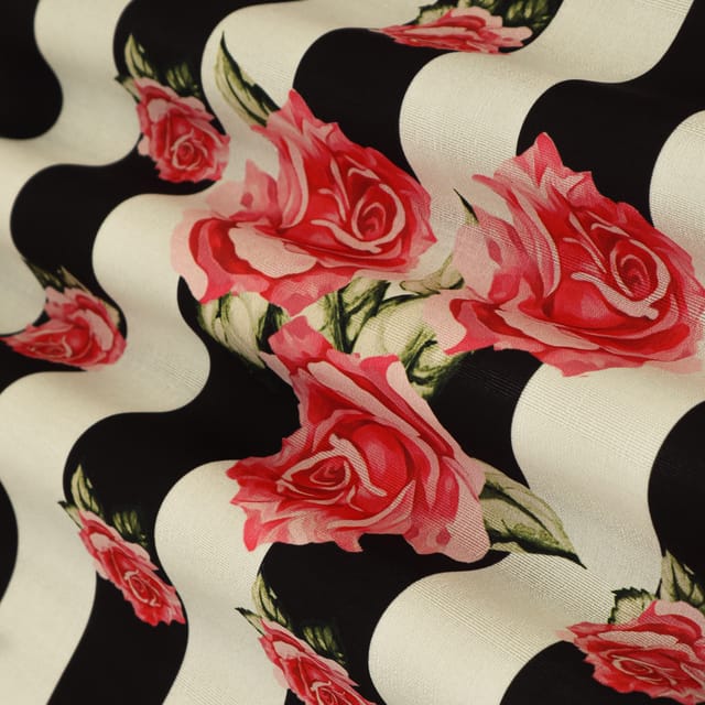 Black & White Dupion Stripe Floral Print Fabric