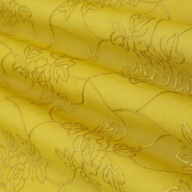 Daffodil Yellow Sequins Embroidery Chanderi Silk Fabric