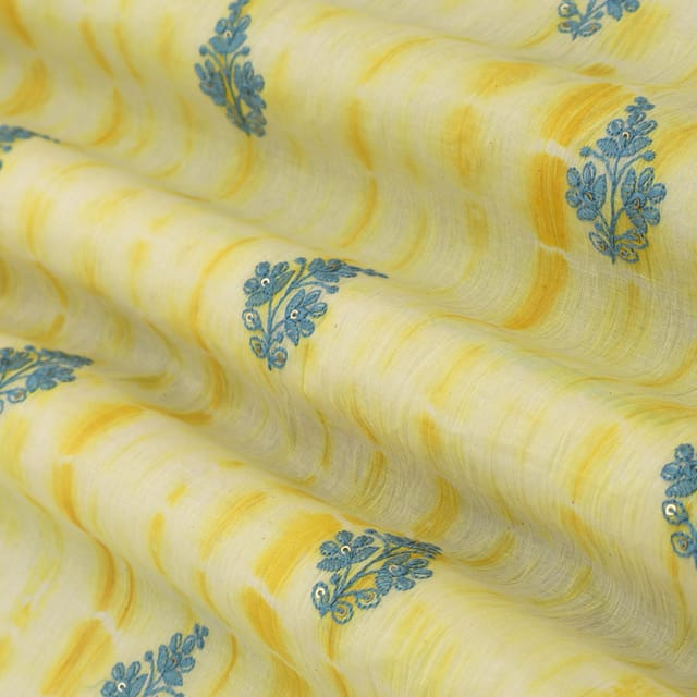 Canary Yellow and White Tie-Dye Print Embroidery Kora Cotton Fabric