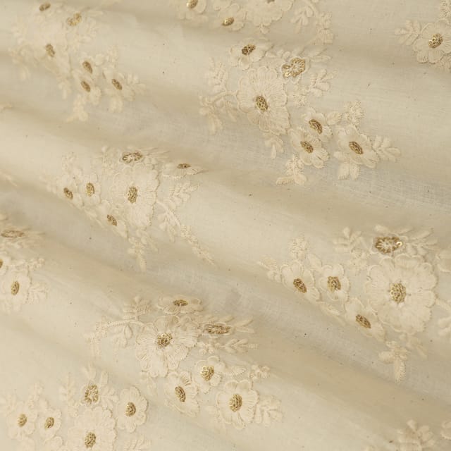 Wheat Brown Cotton Floral Sequin Embroidery Fabric