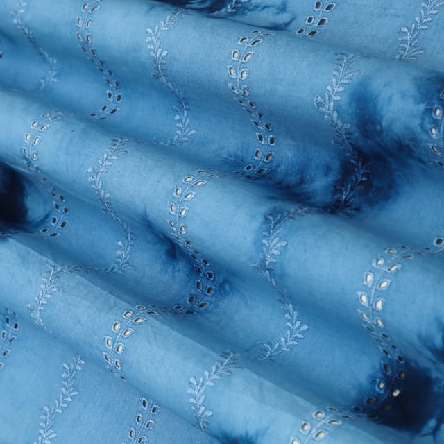 Blue Cotton Tie Dye Pattern Print Shibori Embroidery Fabric