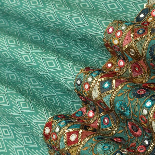 Sky Blue Cotton Digital Print Threadwork Floral Mirror Work Border Sequin Embroidery Fabric