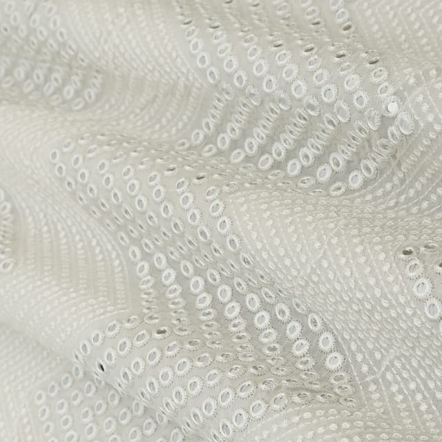 Bright White Georgette Zigzak Stripe Mirror Work Embroidery Fabric