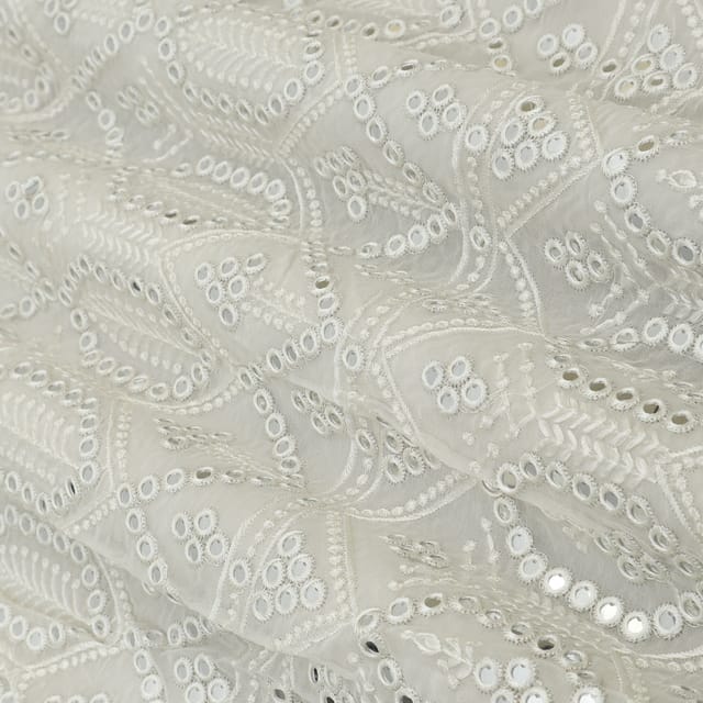 White Georgette Mirror Work Embroidery Fabric