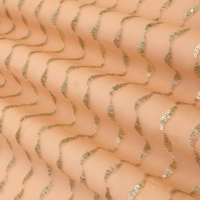 Peach Georgette Stripe Sequin Embroidery Fabric