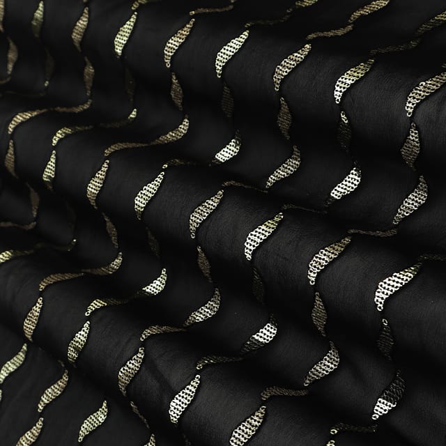 Black Georgette Stripe Sequin Embroidery Fabric