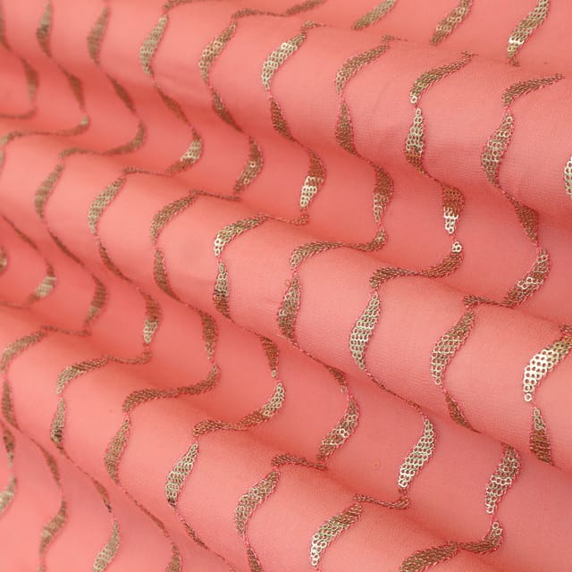 Bubblegum Pink Georgette Stripe Sequin Embroidery Fabric
