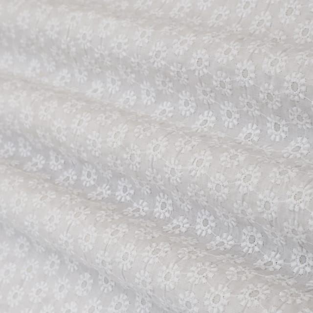 Daisy White Cotton Chikan Embroidery Fabric