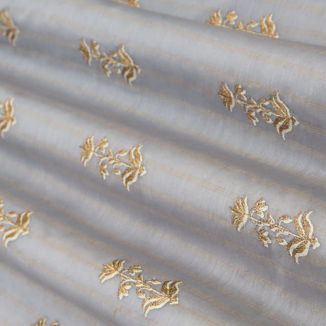 Powder Gray Chanderi Golden Floral Embroidery Fabric