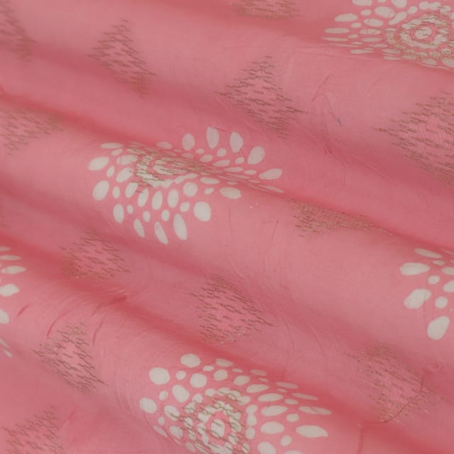 Baby Pink Dola Jacquard Floral Batik Print Golden Zari Work Embroidery Fabric
