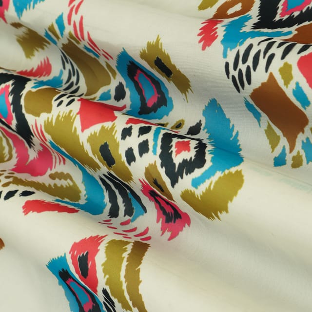Bright White Georgette Heena Green & Blue Satin Digital Print Fabric