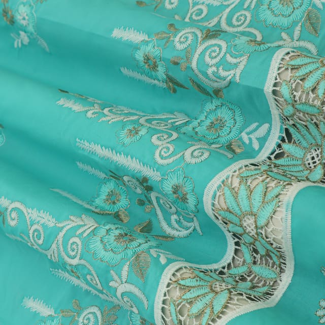 Aqua Blue Cotton Floral Threadwork Embroidery Fabric