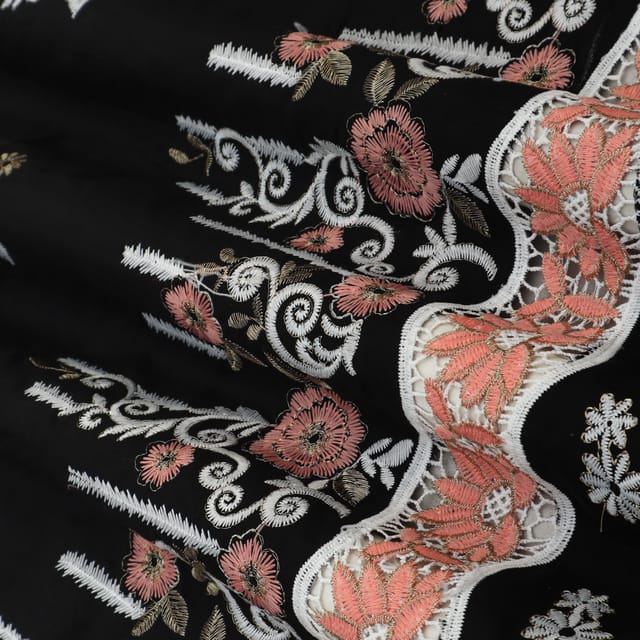 Black Cotton Floral Threadwork Embroidery Fabric