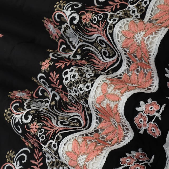 Midnight Black Cotton Floral Threadwork Embroidery Fabric