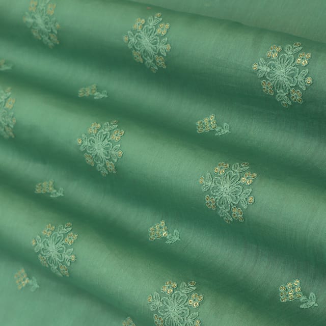 Hunter Green Silk Chanderi Motif Sequin Embroidery Fabric