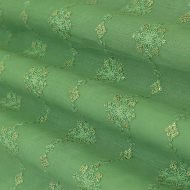 Jade Green Silk Chanderi Motif Sequin Embroidery Fabric