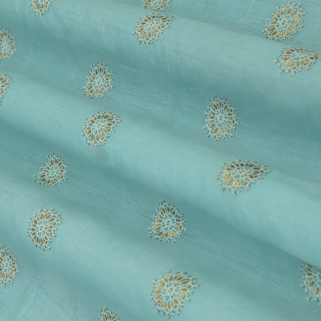 Blue Silk Chanderi Motif Sequin Embroidery Fabric
